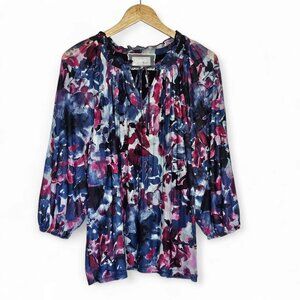 Cupio Floral Blouse Size 1X Balloon Sleeve Blue Purple Jewel Tones Lightweight